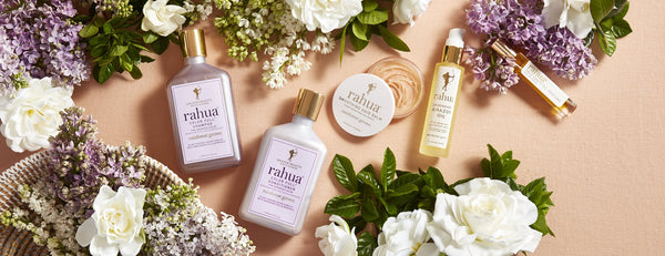Rahua colorful shampoo and conditioner, smoothing balm, legendary amazon oil, palo santo oil perfume with variety of flowers