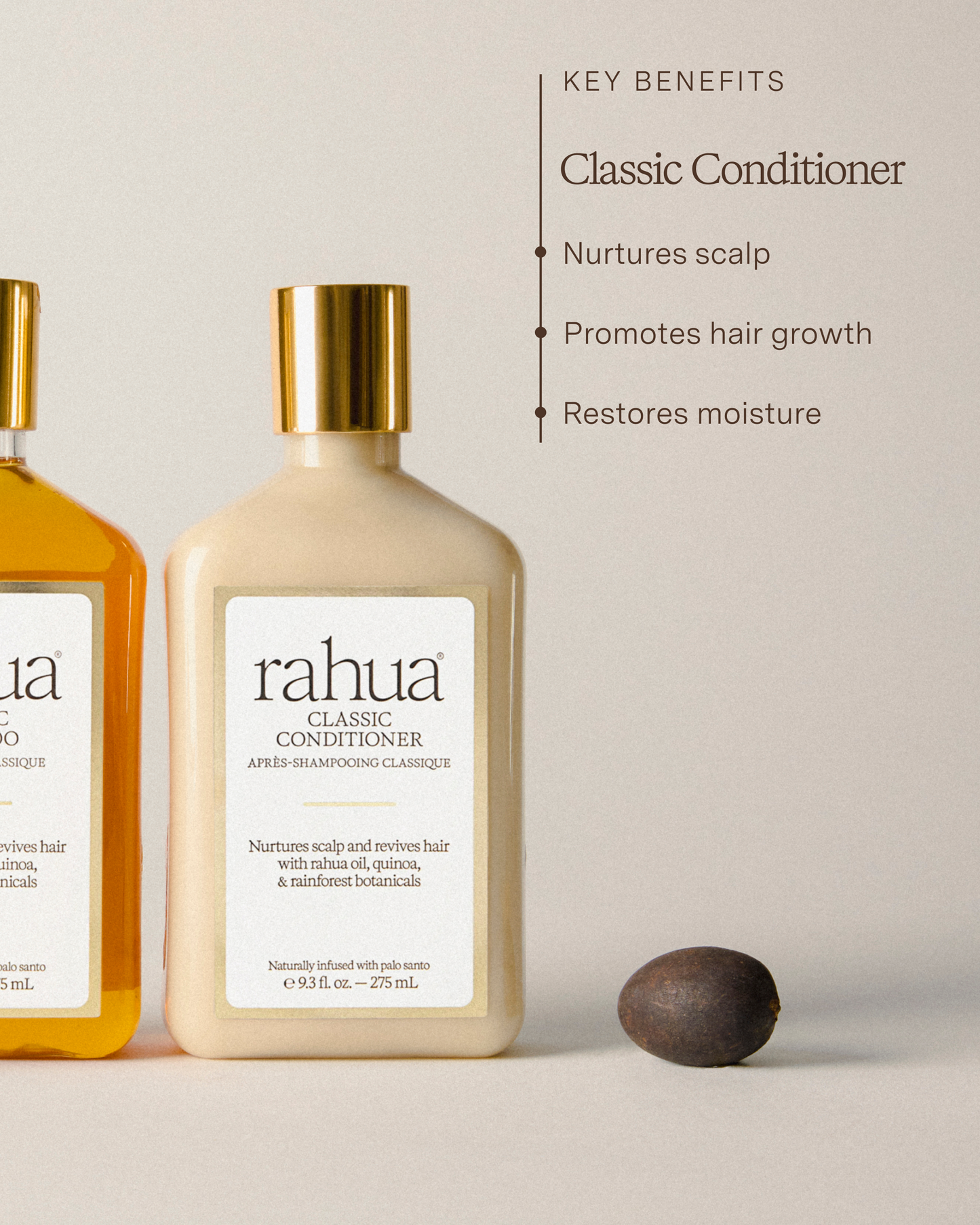 Two bottles of Rahua Classic Conditioner with key benefits listed on a light background|variant:93-oz,18-oz
