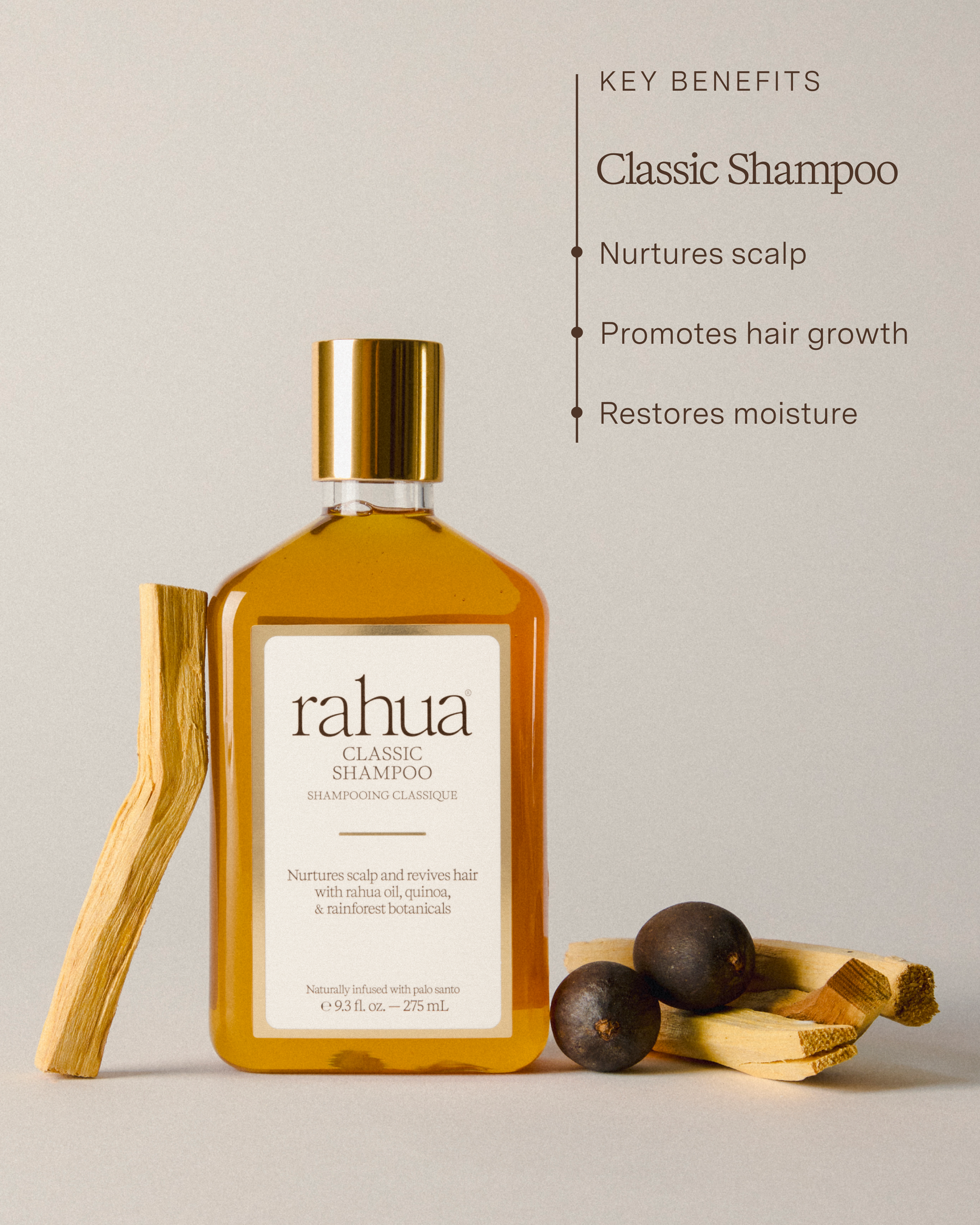 Rahua classic shampoo bottle with key benefits listed on a light background|variant:93-oz,18-oz