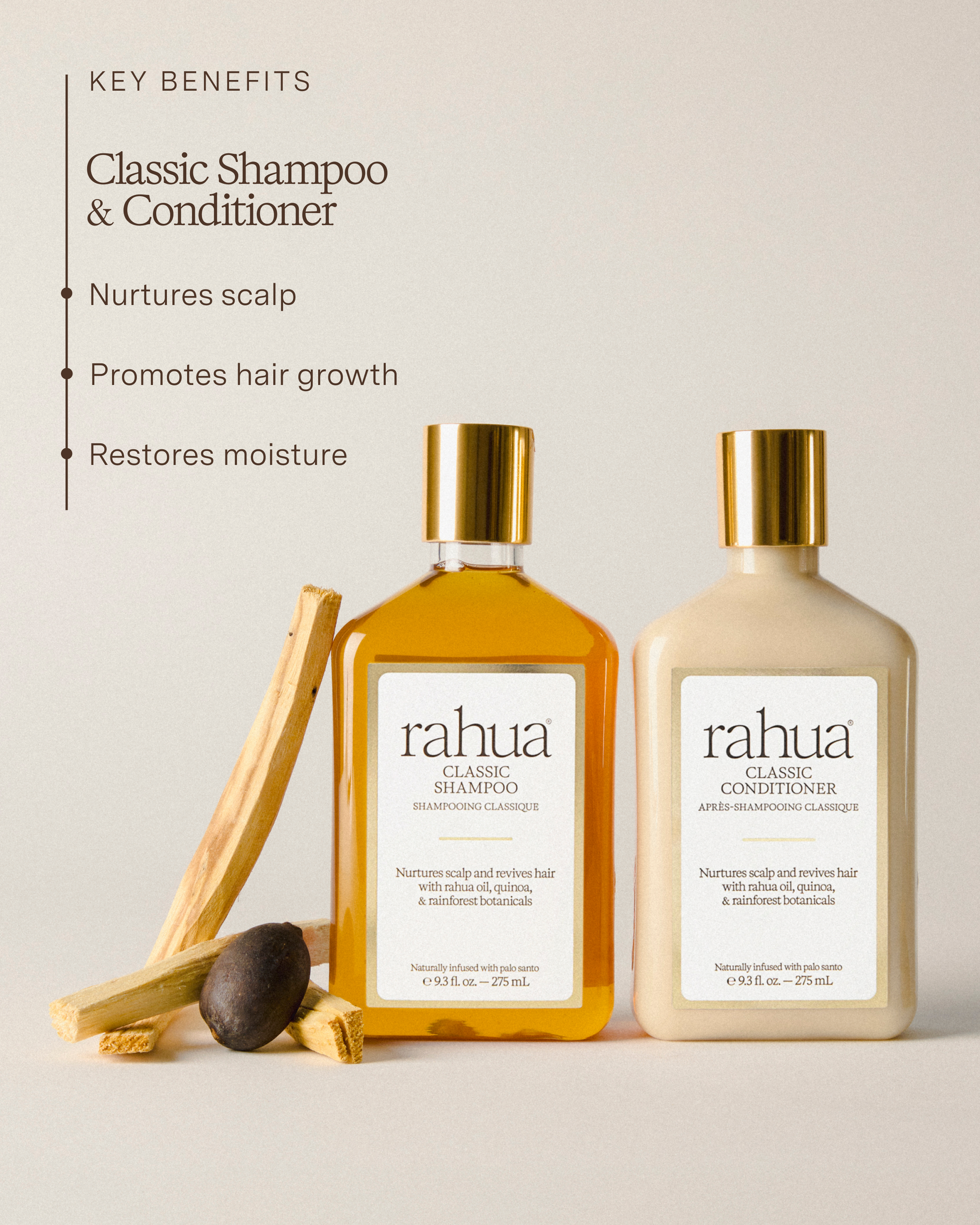 Two bottles of Rahua Classic Shampoo and Conditioner on a light background with key benefits listed.|variant:93-oz,16-oz