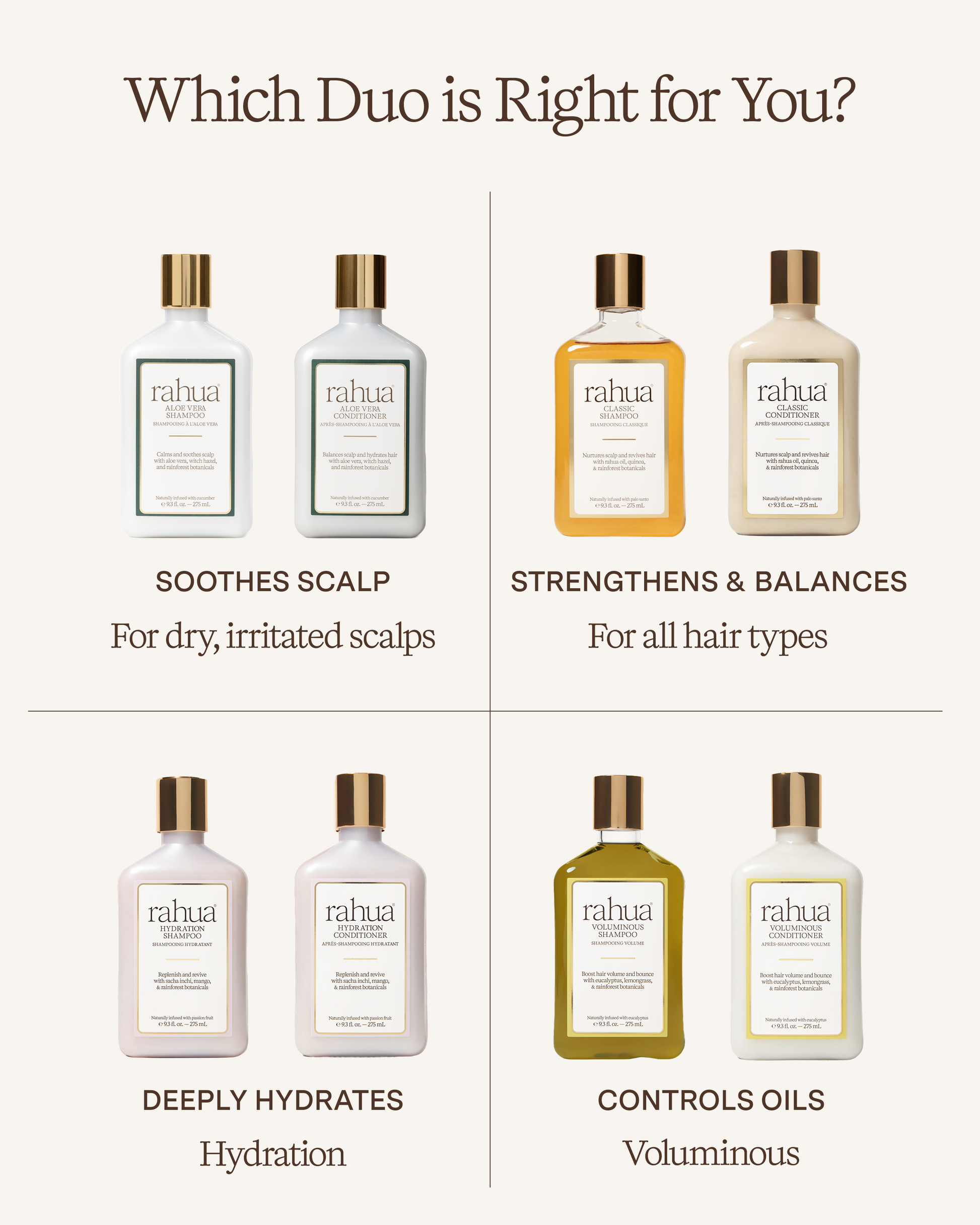 Rahua hair care product bottles with descriptions of their benefits on a white background.|variant:93-oz,16-oz,18-oz