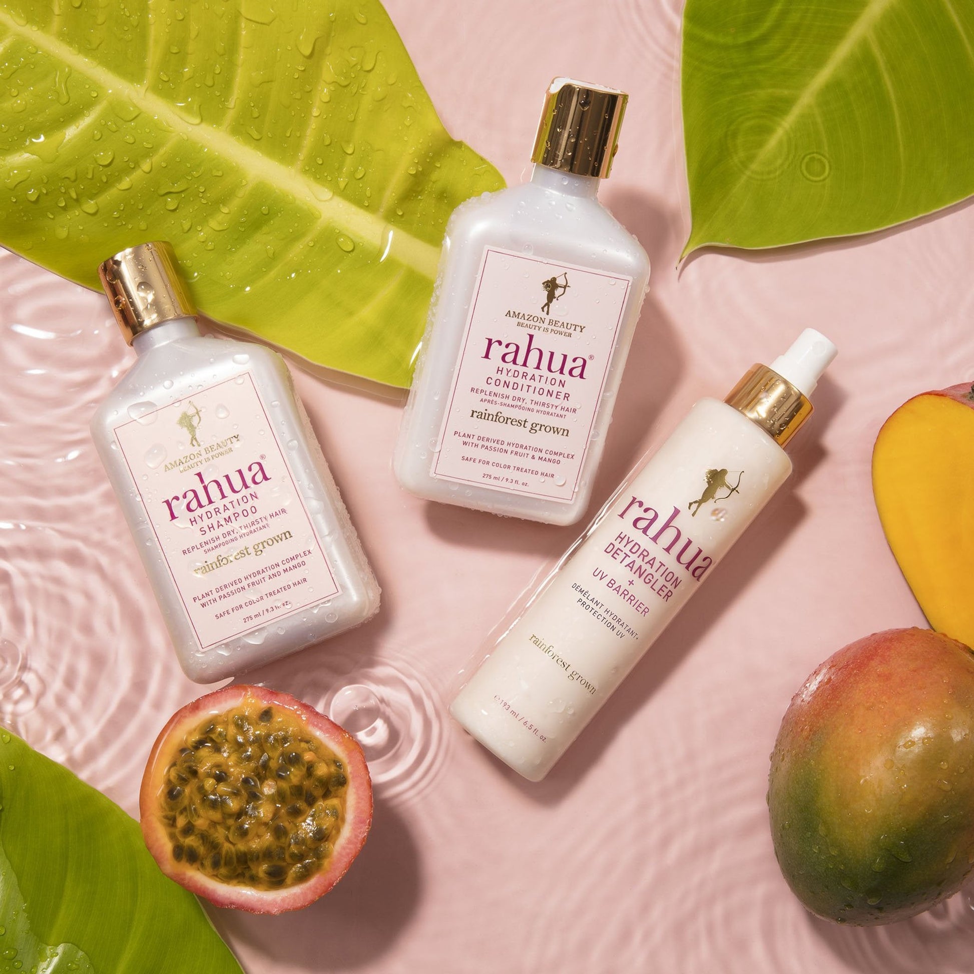 Rahua Hydration Detangler pictured with Hydration Shampoo and Conditioner