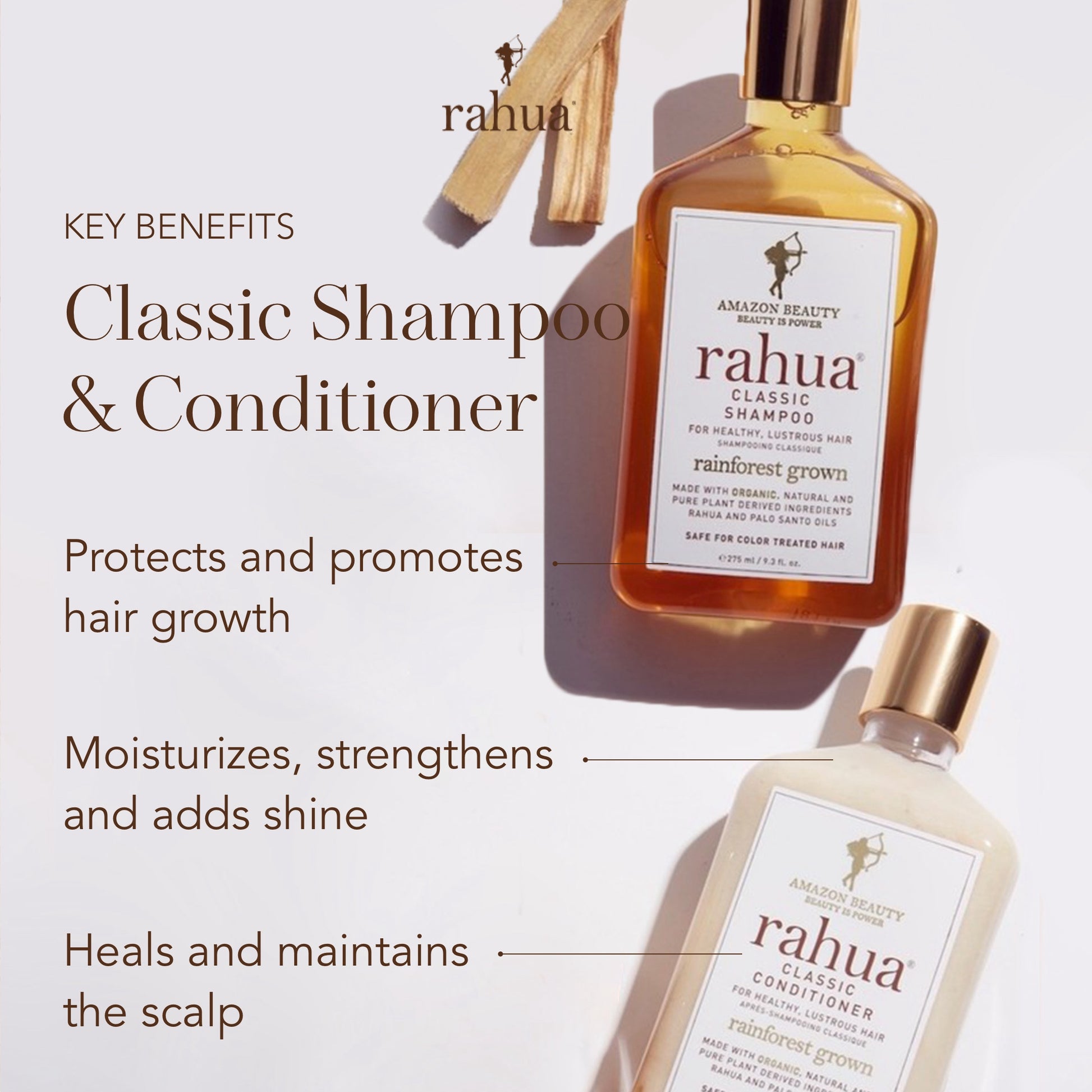 Rahua Classic Shampoo and classic conditioner key benefits infographic