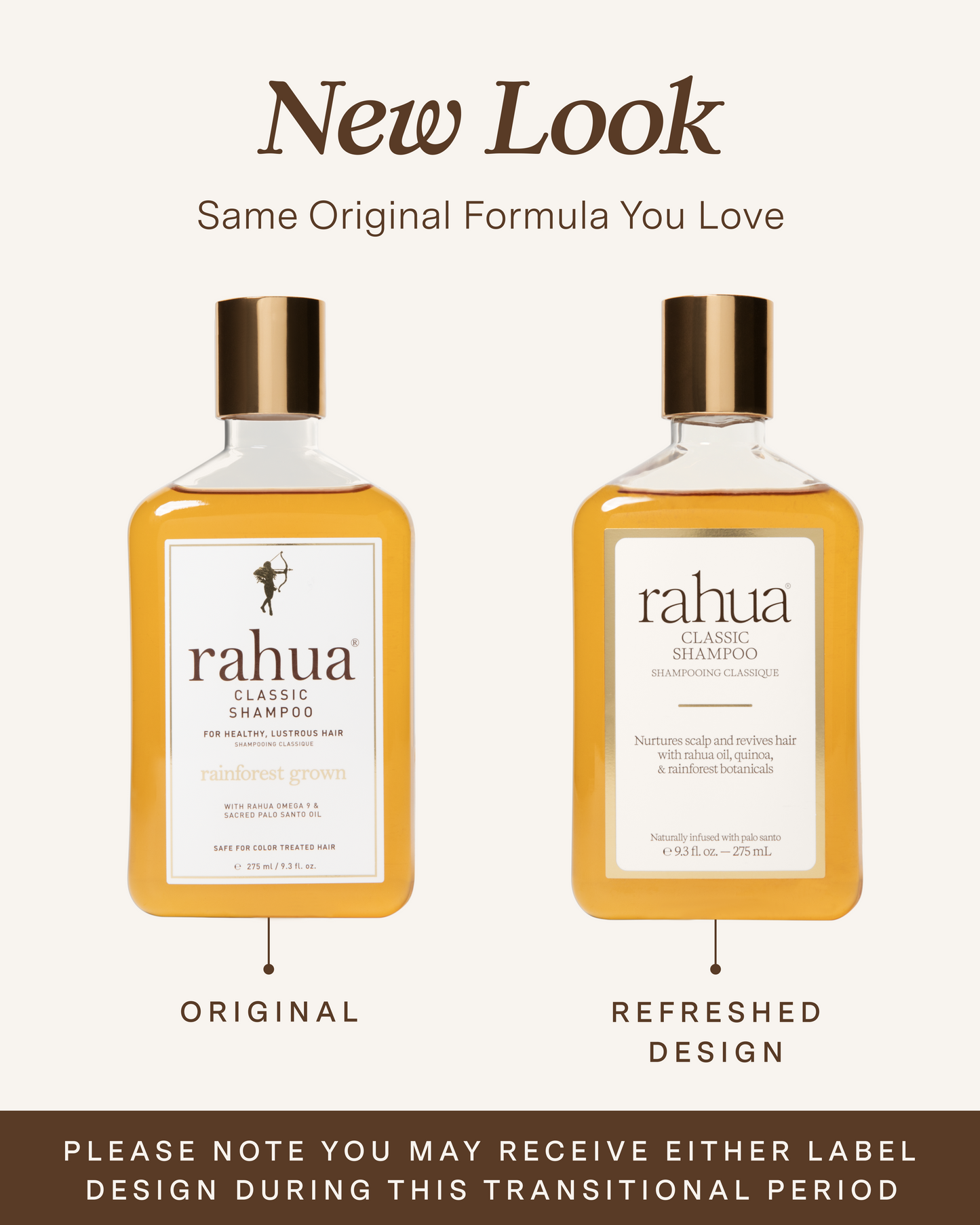 Two bottles of Rahua shampoo with a comparison between original and refreshed design on a white background, please note you may receive either label design during this transitional period|variant:93-oz