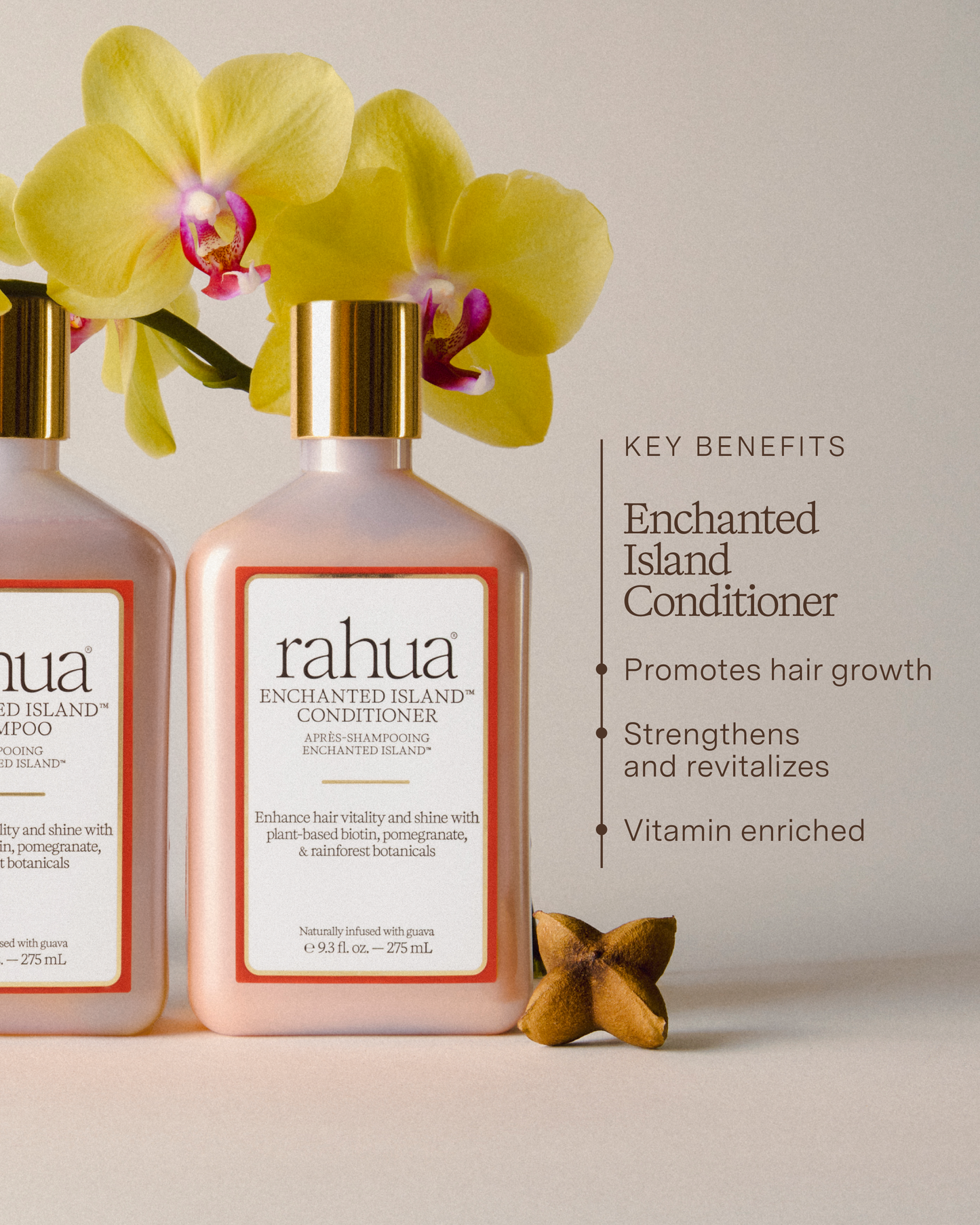 Rahua Enchanted Island Conditioner bottle with a yellow orchid and key benefits text on a light background|variant:93-oz,16-oz