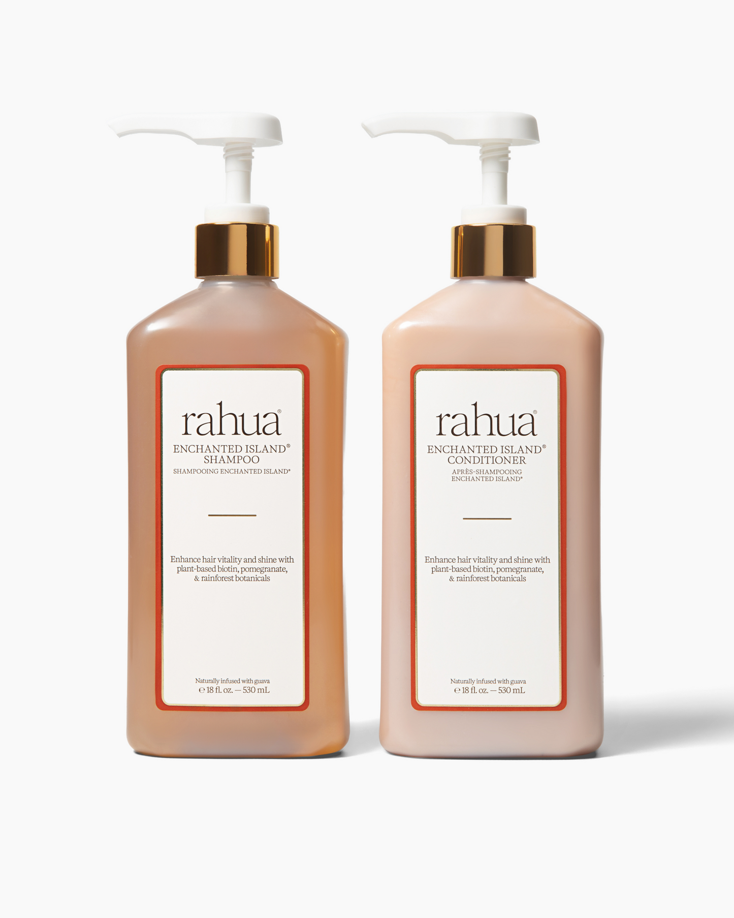 Two bottles of rahua shampoo and conditioner on a white background|variant:16-oz
