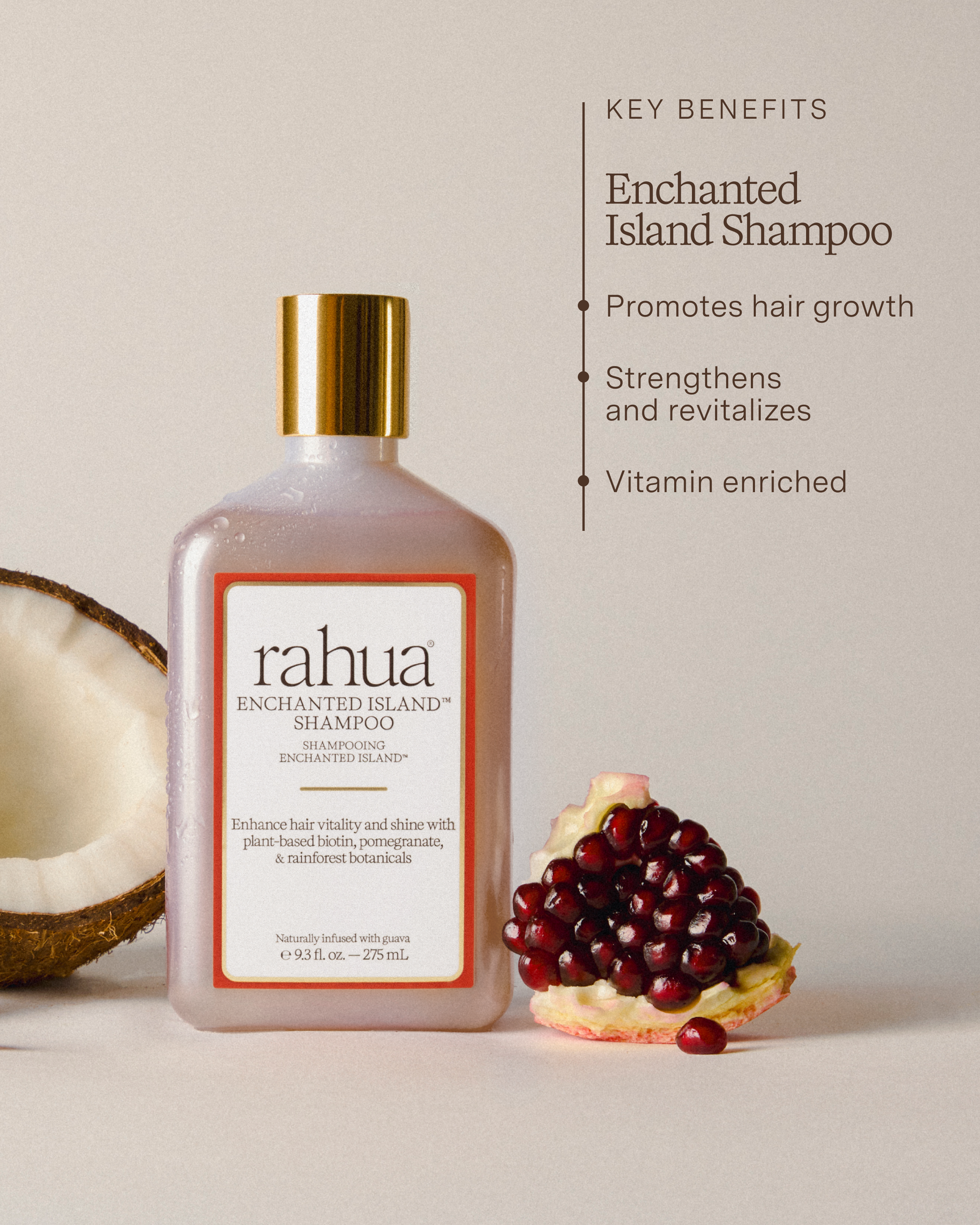 Rahua Enchanted Island Shampoo bottle with coconut and pomegranate on a light background|variant:93-oz,18-oz
