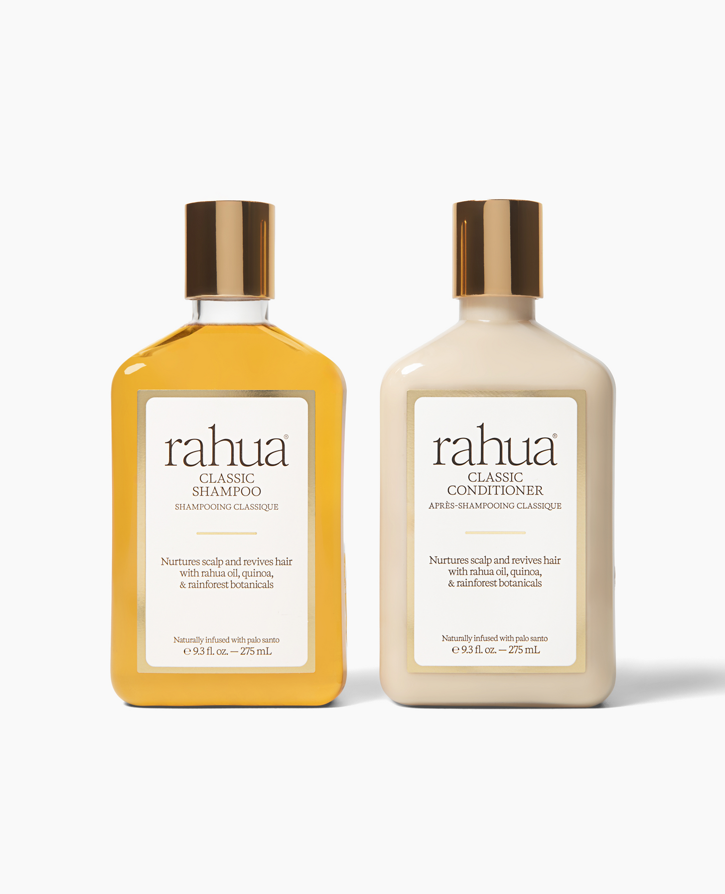 Two bottles of Rahua Classic Shampoo and Conditioner on a white background|variant:93-oz