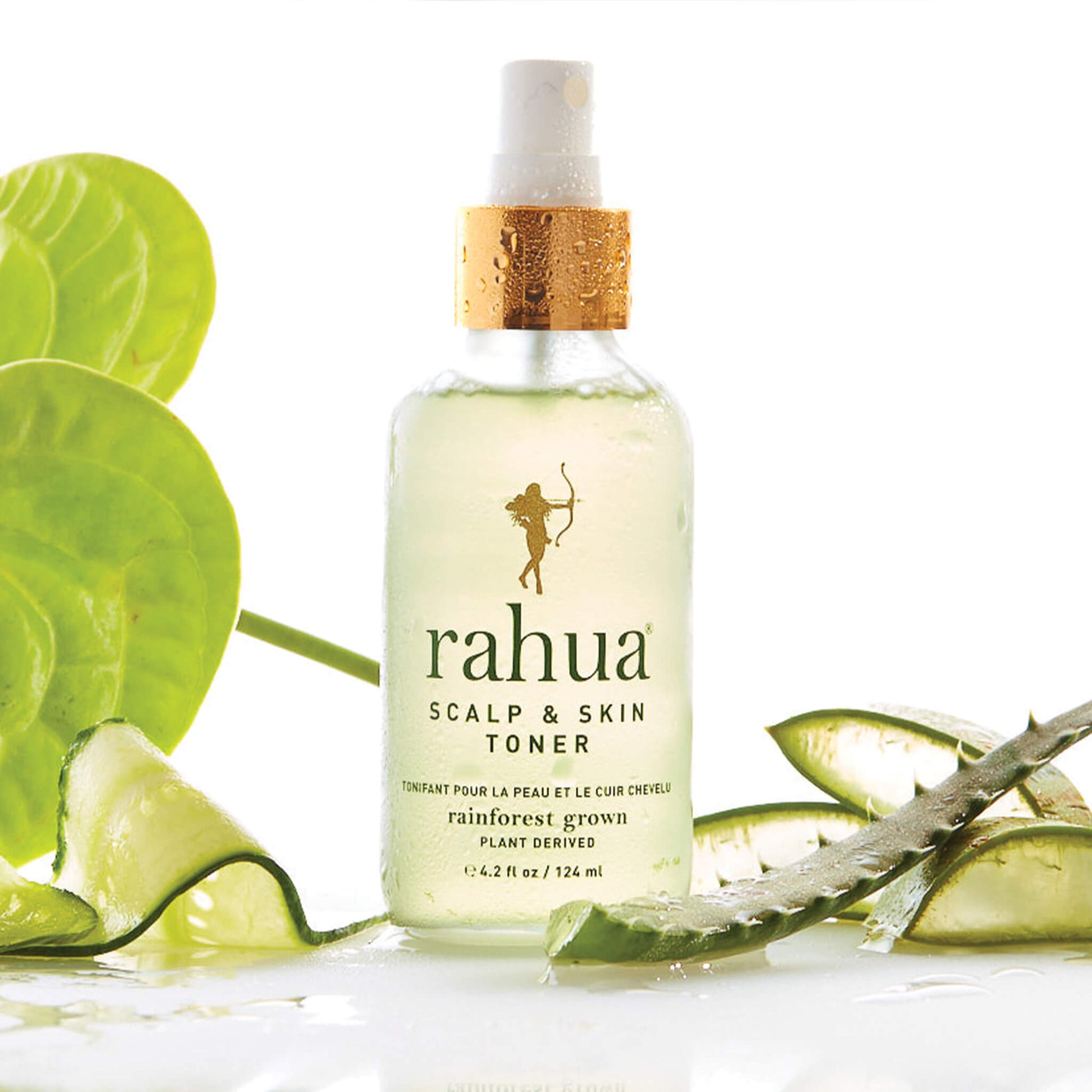 Rahua Scalp and Skin Toner with aloe vera leaf, thin slice of Cucumber and other leaf